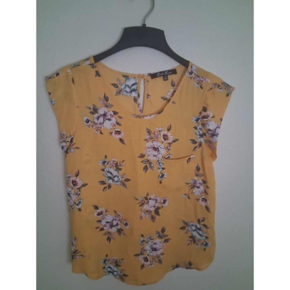 Alice Blue Mustard Yellow Floral Cap Sleeve Blouse Pocket Keyhole Back S